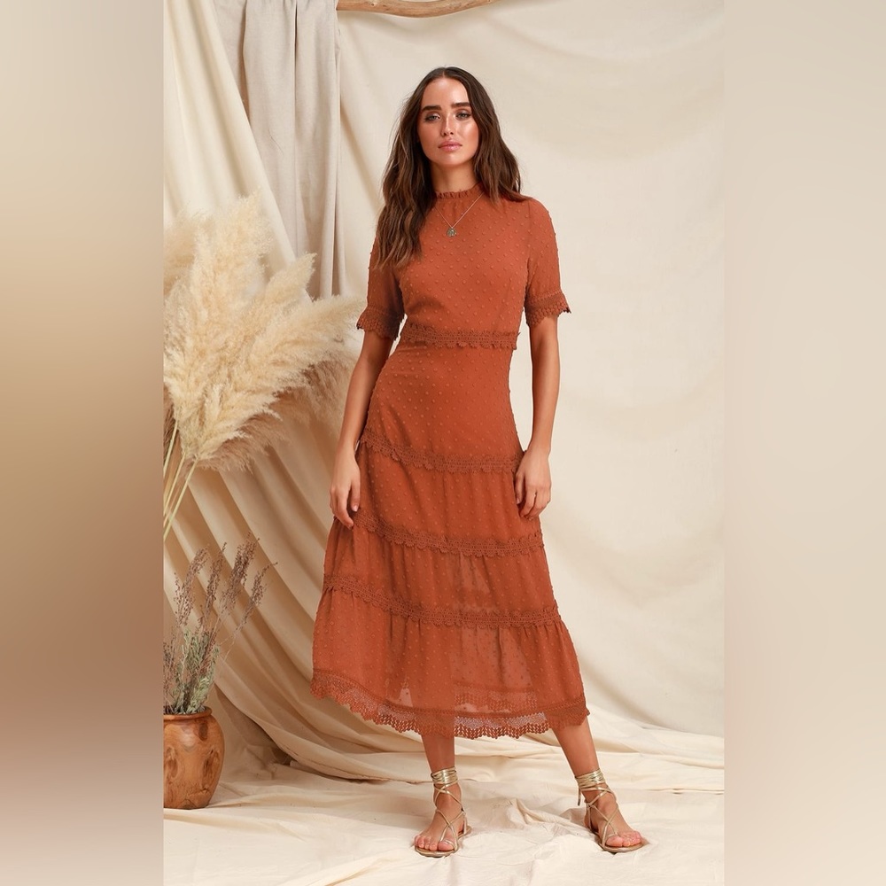 Lulus Dreaming of You Rust Orange Swiss Dot Midi Dress size Large